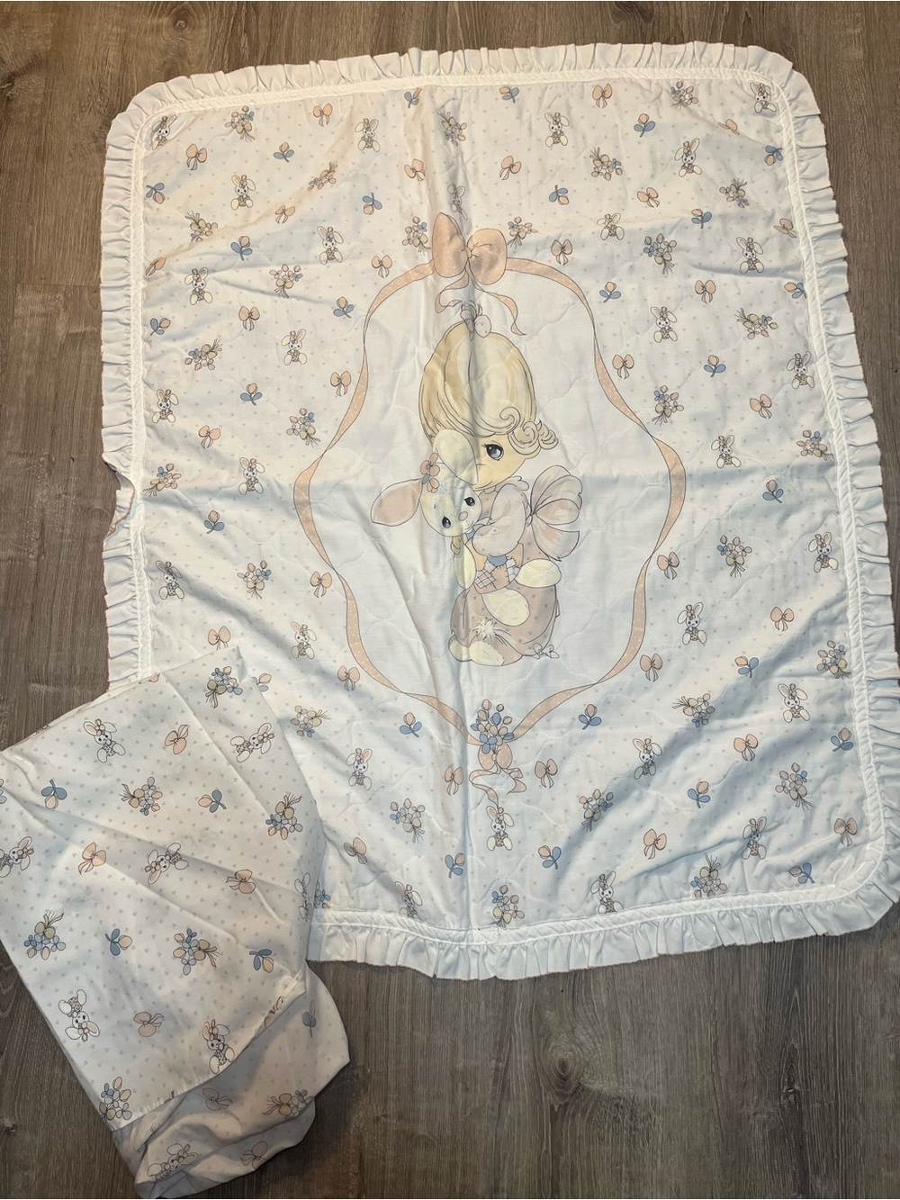 Vintage Precious Moments Baby Quilt Crib Blanket & Sheet Girl Bunny White
